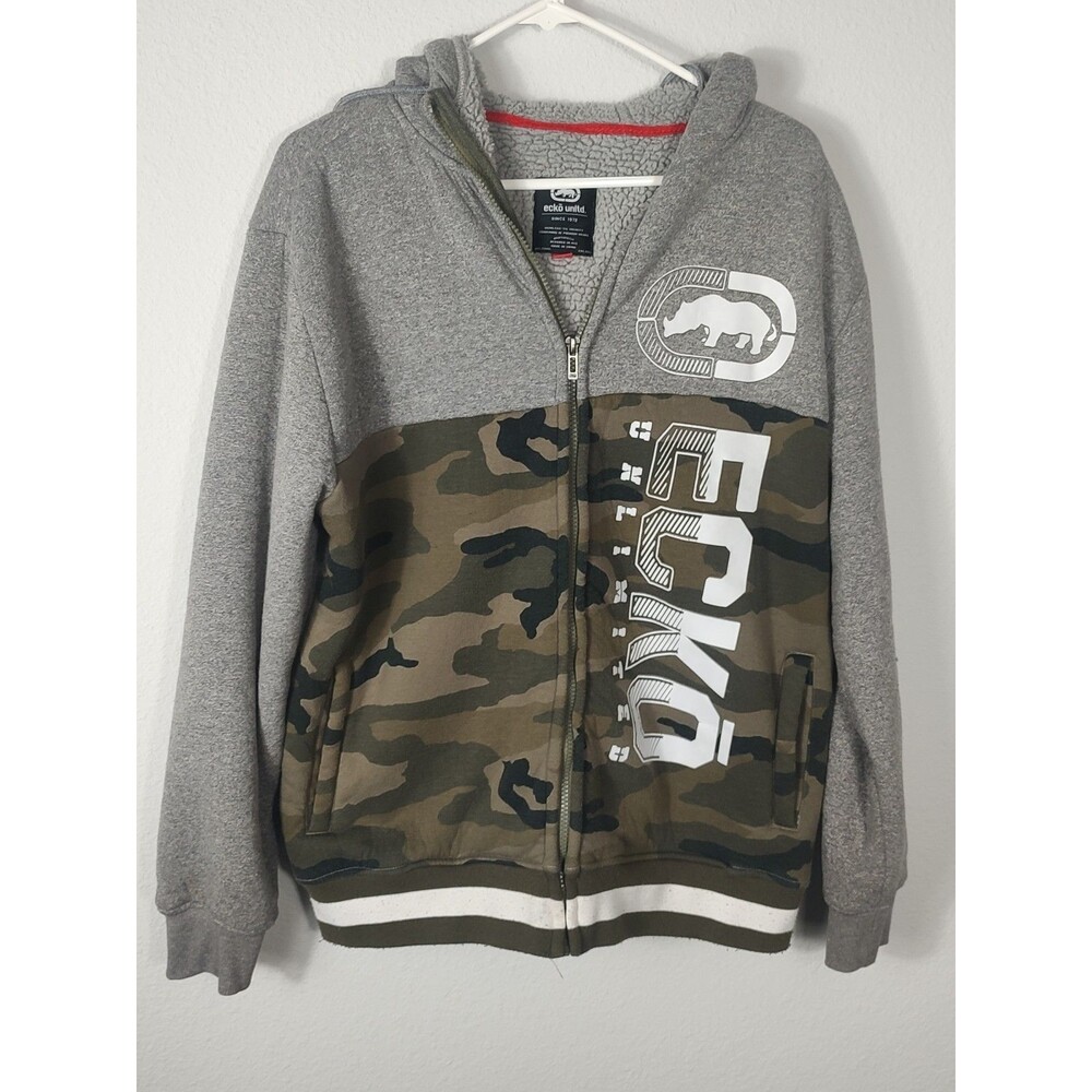 Ecko UNLTD. Button Up Hoodie Jacket Sherpa Lined Charcoal Gray Sz Med Skater Y2K